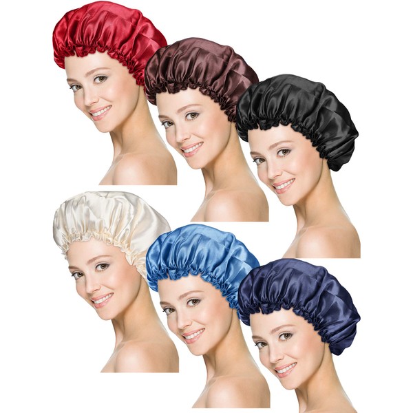 6 Pieces Sleep Cap Satin Bonnet Sleeping Hat Soft Elastic Night Hair Cover for Women Girls (Red, Navy Blue, Dark Blue, Brown, Black, Beige)