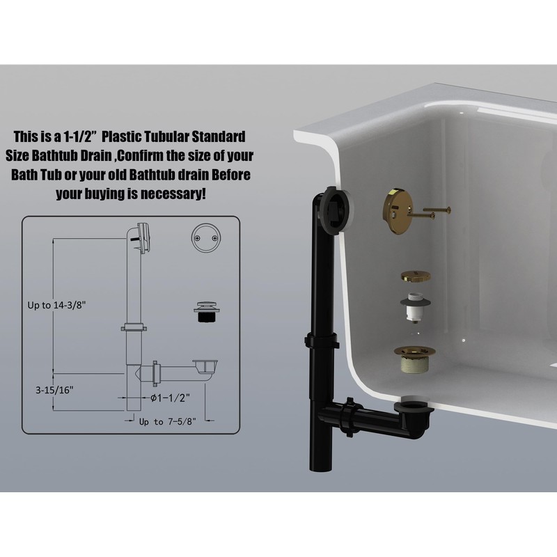Artiwell 1-1/2'' Black Tubular Bath Drain Kit with Tip-Toe Bath