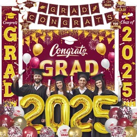 Graduation Party Decorations 2025 - Burgundy Gold Graduation Decorations Class of 2025 with Burgundy and Gold Graduations Balloons/Grad Backdrop/Banner/Haning Swirls 2025 Balloons