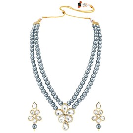 Aheli Traditional Grey Beads Kundan Layered Long Necklace & Drop Earring Ethnic Jewelry Set Fashion Gift for Women