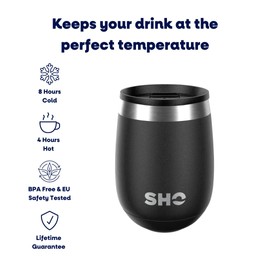 SHO Pacto - Ultimate Insulated Stainless Steel Reusable Coffee Cup & Stemless Wine Tumbler - 4 Hours Hot, 8 Hours Cold - 360ml - BPA Free (Jet Black, 360ml)