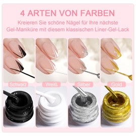 YSUVIN Liner Gel Nagellack, 4 Farben Gold Silber Weiß Schwarz Painted Gel Nagellack, Soak Off UV/LED Nagellack für Frauen Home DIY Nail Art Salon Maniküre Geschenke