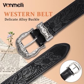 VONMELLI Western Belt for Women Men, Cowgirl Cowboy Womens Black Belt for Jeans with Vintage Floral Carved Buckle, L