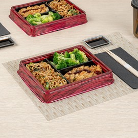 Restaurantware-Bento Tek 16.1 Ounce Meal Prep Containers, 50 Disposable To Go Food Boxes - Lids Sold Separately, 3 Compartments, Red And Black Plastic Bento Lunch Boxes, Freezable, For Take Out