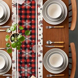 Christmas Linen Table Runner Snowflakes Xmas Decorations, Dining Table Runner for Christmas Decorations, Buffalo Plaid Coffee Table Runner Vintage Farmhouse Style, Home Christmas Decor Chemin de Table