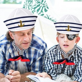Captain Sailor Costume, 3 Pieces Stripes Sailor Hat and Scarf Set, Marine Outfit Captain Hat Sailor Hat Scarf Costume for Children, Navy Blue Hats Sailor Party Costume for Men and Women