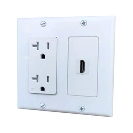 BUPLDET 20Amp Power Outlet with 1 HD Video/Audio Port Wall Plate - 2 Gang Electrical Wall Outlet with HDTV Keystone Jack Cover Plate for TV Mount - White