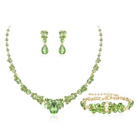 Ever Faith Light Green Jewellery Set for Women, Sparkly Rhinestone Crystal Teardrop Statement Necklace Dangle Earrings with Bracelet Sets for Wedding Cocktail Prom Party