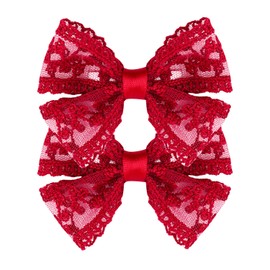 3-Inch Lace Hair Bow Clips for Girls-2PCS Vintage Multicolor Bowknot Hair Accessories, Perfect for Weddings, Birthdays & Special Events-Red