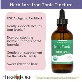 Herb Lore Iron Tonic - Organic Liquid Iron Drops Supplement for Kids & Women - Baby, Infant & Toddler Friendly - Plant Based, Vegan, Gentle, Non Constipating Herbal Tincture (4 fl oz)