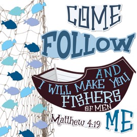 Fulmoon Fishers of Men Bulletin Board Cutouts Religious Bulletin Board Sets Large Ship Fish Name Tags for Sunday School Classroom Decor Christian Educational Learning Activities