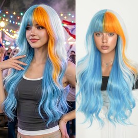 7JHH WIGS 29in Long Blue Orange White Highlight Wigs Long Curly Flag Synthetic Fiber Glueless Heat Resistant 150% Density Culry Wave Wig for White Women Daily Used