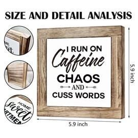Coffee Sign, Funny Coffee Quotes, I Run On Caffeine Chaos And Cuss Words, Coffee Decor Set, Wooden Box Signs for Home Decor, Modern Farmhouse Coffee Decor, Coffee Kitchen Shelf Decor