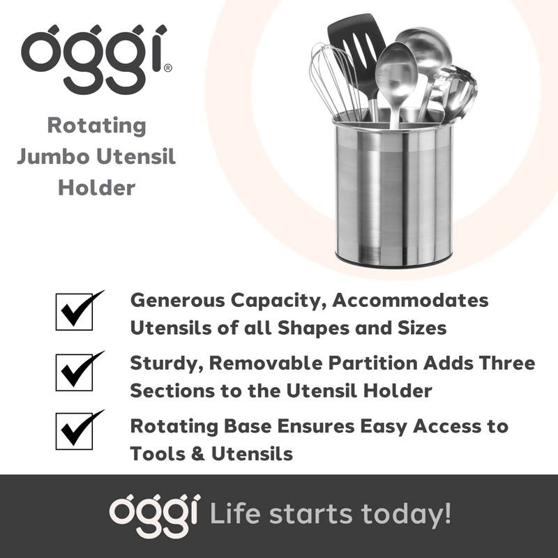 Oggi Jumbo Stainless Steel Rotating Utensil Holder with Removable Divider