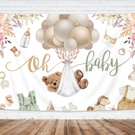 Imirell Bear Oh Baby Shower Backdrop 7Wx5H Feet Cloth Boys Baby Shower Cute Balloons Flower Plant Leaves Lovely Polyester Fabric for Newborn Photography Backgrounds Photo Shoot Decor Props Decoration