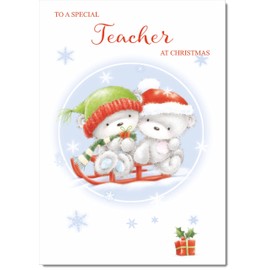 doodlecards Teacher Christmas Card Cute Bears on Sled Large A4 Size Christmas Card for Teacher with Plain Envelope
