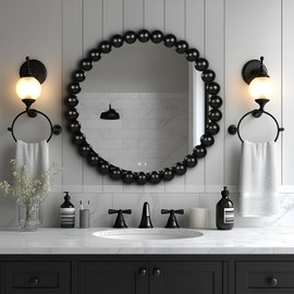 WRTRENDS 24 Inch Round Wall Mirror Black Decorative Wall Mirror with Wood Beads – Decorative Circle Beaded Mirror for Bathroom, Living Room, Entryway, Bedroom and Modern Farmhouse Wall Decor (Black)