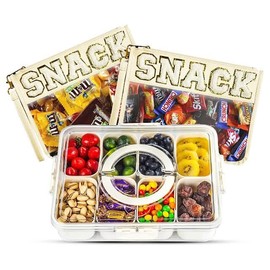 Divided Serving Tray with Lid and Handle, Portable Snack Containers, Travel Snack Organizer(8 Compartments), 2 Pcs Snacks Bag with Zipper, Chenille Letter Clear Flat Pouch