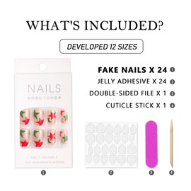 Christmas Press On Nails Medium Almond, Christmas Nail Accessories Red, Green & Silver with Star Patterns, 24 Pieces, Festive Holiday Nail Kit with Adhesive Stickers & Tools