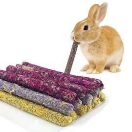 AMSGANK Rabbit Chew Toys, Rabbit Treats Natural Hay Sticks with Petals Hamster Molar Teeth Toys Boredom Breakers for Bunny, Chinchillas, Guinea Pigs, Hamster, Hedgehogs