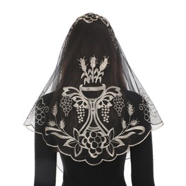 Bozidol Mantilla Veils for Church Catholic, Black Gold Chalice and Grapes Embroidered Lace Chapel Veil, Latin Mass Prayer Scarf Head Coverings for Women