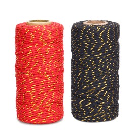 G2PLUS Christmas Coloured String Twine, 200M Red and Black Cotton Twine with Gold String, 2MM Gift Wrapping String, Handicraft Decorative Bakers Twine for DIY Gift Decorations