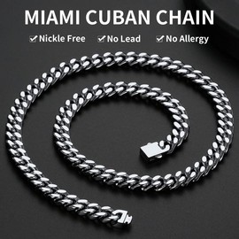 Stainless Steel Mens Cuban Link Chain, Miami Cuban Chain Necklace for Men, 9mm Wide Hip Hop Mens Jewelry, 18"