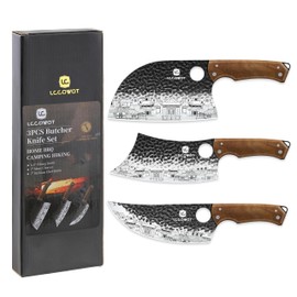 3PCS Butcher Knife Set, includes 7" Butcher Meat Cleaver, 7" Serbian Chef and 6.5" Viking Knife, Stainless Steel Kitchen Knife Set with Wood Handle, Geat for Indoor&Outdoor (Stylish Pattern)