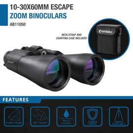 BARSKA Escape Porro 10-30x60 Zoom Binoculars (Green Lens) (AB11050) , Black