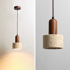 OTTOSON Natural Stone Shade Cylinder Pendant Light Retro Mini Pendant Lamp Nordic Pendant Lighting for Kitchen Island Walnut Wood Hainging Light Kit
