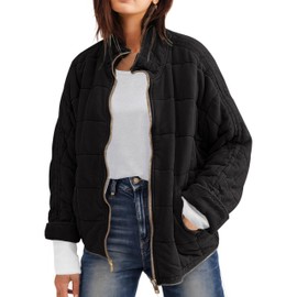 Wefebi Womens Dolman Quilted Lightweight Jackets Full-zip Stand Collar Loose Warm Winter Outwears with Pockets(0003-Black-L)