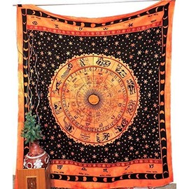 Orange Zodiac Wall Hanging Astrology Hippie Tapestry Queen Tapestries Bedding Dorm Decor Rashi Bohemian Psychedelic Indian Mandala Home Art Throw Boho Bedspread Yoga Mat Beach Towel Meditation Blanket