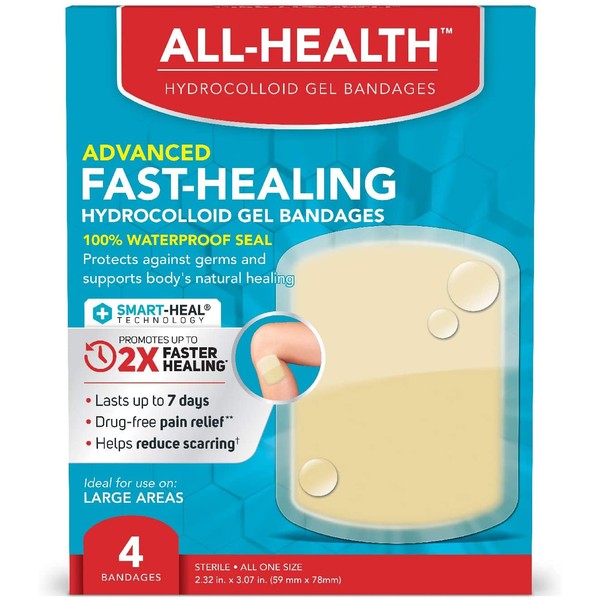All Health All Health Advanced Fast Healing Hydrocolloid Gel Bandages, Large Wound Dressing, 4 ct | 2X Faster Healing for First Aid Blisters or Wound Care