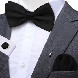 GHTIYLP Bow Ties for Men, Solid Color Pre-Tie Adjustable Bowtie and Pocket Square Cufflink Set for Wedding, Prom, Dance (Black)