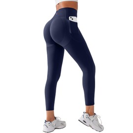 BRXL Butt Lifting High Waisted Yoga Leggings for Women, Tummy Control, No Front Seam, Pockets, Athletic, Workout, Gym Navy Blue