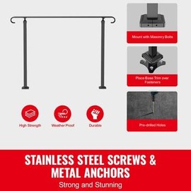 Happybuy 3-5 Steps Outdoor Handrail, Adjustable Wrought Iron Stair Railing, Black Porch & Concrete Step Railings for Wooden Stairs