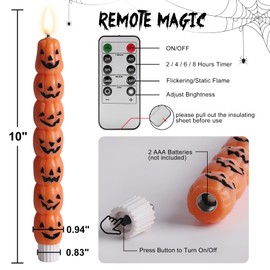 Eywamage Orange Pumpkin Flameless Taper Candles with Remote, Flickering Real Wax Battery LED Candlesticks Set of 4