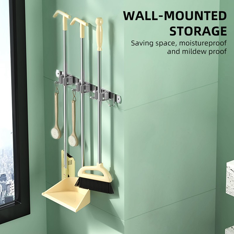 2pcs 304 Stainless Steel Broom Holder 3 Racks 4 Hooks