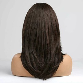 Unbranded Wig - Human Hair Blend - Long Straight Layered Dark Brown Bangs Heat Resistant