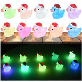 Tindobewan 50 PCS Tiny Ducks Glow in The Dark Mini Resin Ducks Miniature Christmas Hat Duck Figures Ornament for Xmas, Craft, Dollhouse, Slime, Home Decorations(10 Colors)