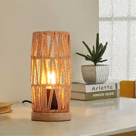 Zompoo Bamboo Rattan Table Lamp for Living Room, Boho Handmade Woven Cylinder Lampshade Standing Lamp with Natural Wooden Base, Industrial Wicker Desk Light Decoration for Bedroom, Farmhouse