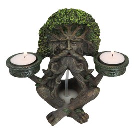 Ebros Gift Mystic Forest Celtic Greenman Tree Man God Ent Meditating Waterfall Smoke Backflow Incense Cone Burner and Double Votive Candleholders Figurine Horned God Tree of Life