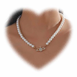 Crymystal Gold Saturn Pearl Necklace White Pearl Choker Necklace for Women Rhinestone Pearl Planet Necklace Gifts for Mum Wife Girlfriend Valentine's Day Birthday Anniversary (Gold)