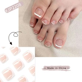 French Tip Press on Toenails, Short Fake Toenails White Square Toenails Tips Design Full Cover Acrylic Toenails Exquisite Glossy Artificial Toenails Summer Naked Color False Toe Nails for Women