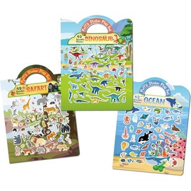 Reusable Puffy Sticker Book for Kids – Cute Restickable Stickers, Toddler Travel Toys for Airplane, Car Road Trip, Keep Toddlers Entertained, Quiet Activity for Ages 1-3 2-4 3-5, Screen-Free Fun:_Safari, Dinosaur & Ocean