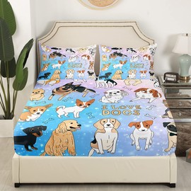 Cute Dogs Kids Fitted Sheet Queen Size,Corgi Pug Bones Cartoon Bedding Set,Girls Boys Adults Bedroom Decor,Kawayi Animals Pets Lovely Bed Cover,Starry Sky Romantic Bed Sheet,2 Pillowcases