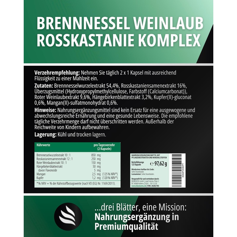 BIOMENTA Nettle Vine Leaves Horse Chestnut Complex | 125 Capsules
