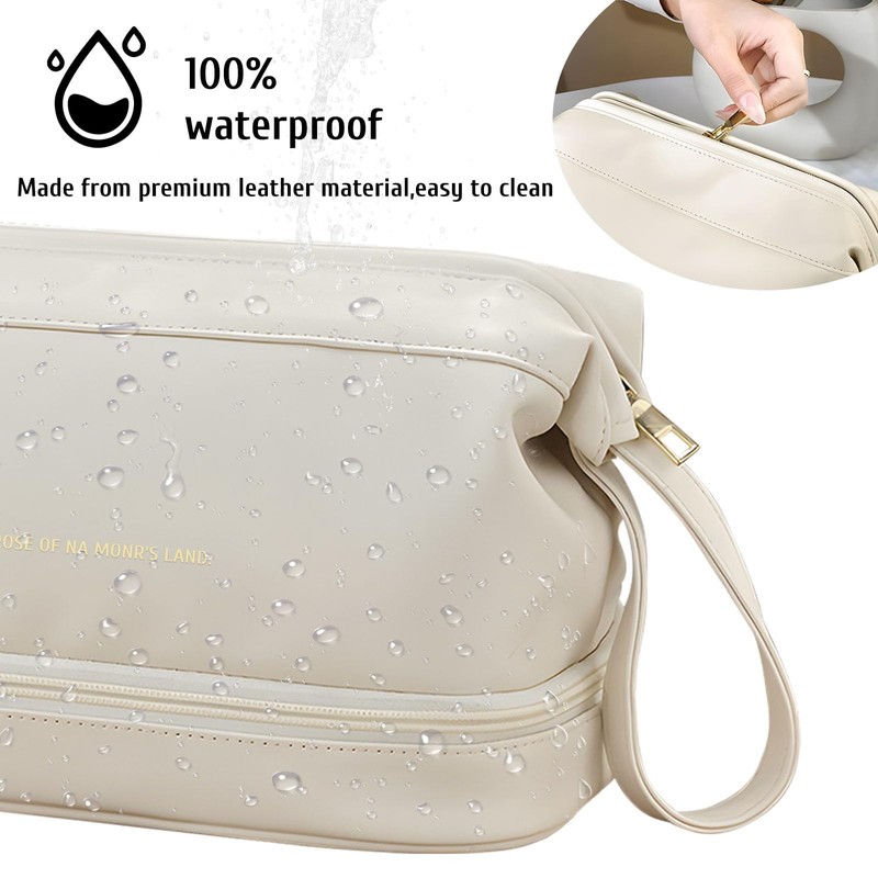 Kosmetiktasche, doppellagig, Beige, wasserdicht, Kosmetik-Organizer, große Kapazität mit Griff, elegant