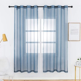 BERMINO Blue Semi Sheer Curtains Faux Linen Sheer Curtains 45 Inch Length Window Curtain with Grommet for Bedroom Living Room 2 Panels, 54 Wx 45 L, Grey Blue