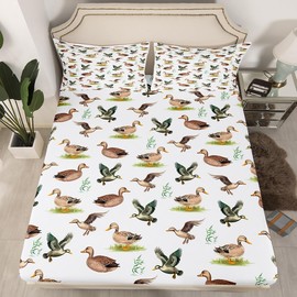 Feelyou Full Size Duck Bed Sheet Set Boys Girls Wild Duck Print Fitted Sheet for Kids Women Men Ultra Soft Grey Bedding Set Duck Hunting Bed Cover Room Decor